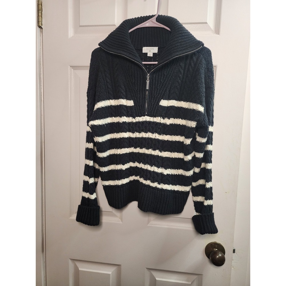 La Ligne Cable Knit Sweater Large Black Striped 1/4 Zip Preppy Nautical TARGET